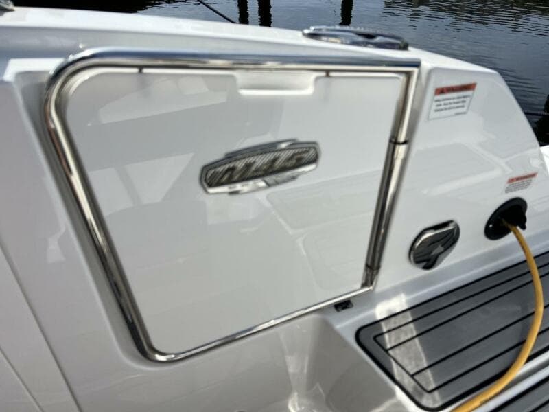 Close-up of 2022 Monterey M-45 boat's rear storage compartment.