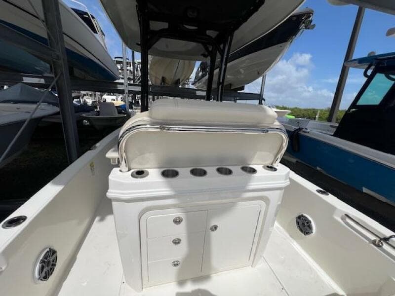 2023 Boston Whaler 250 Dauntless boat interior with seating and storage compartments.
