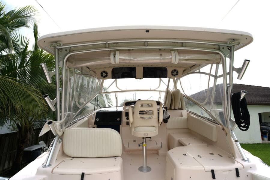 2007 Grady-White Express 330 boat interior with seating and helm station.