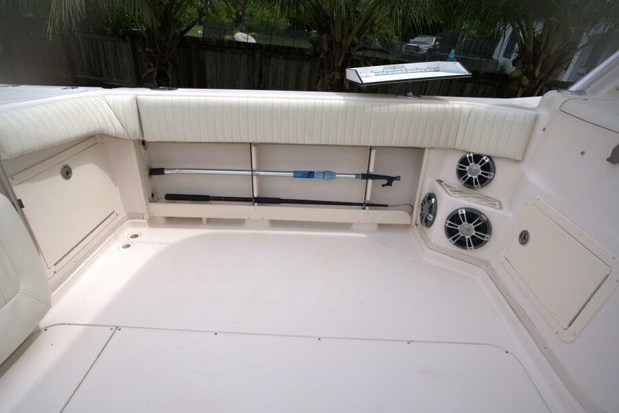 2007 Grady-White Express 330 boat interior with seating and speakers.
