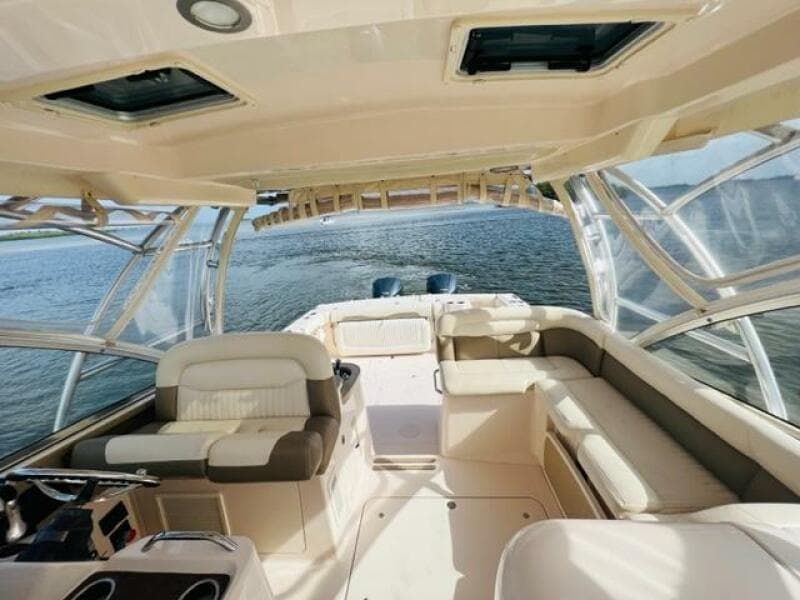 2014 Grady-White Freedom 335 boat interior with spacious seating and ocean view.