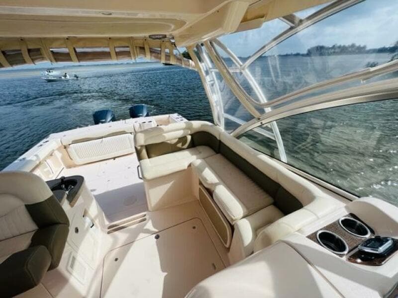 2014 Grady-White Freedom 335 boat interior with seating and ocean view.