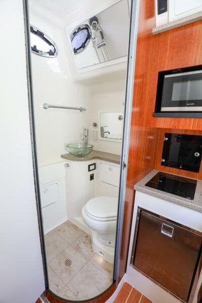 2020 Regulator 41 boat interior bathroom with modern amenities.
