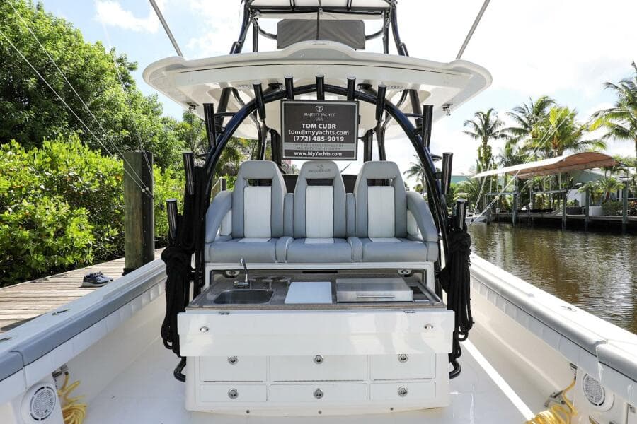 2020 Regulator 41 boat interior with seating and storage drawers.