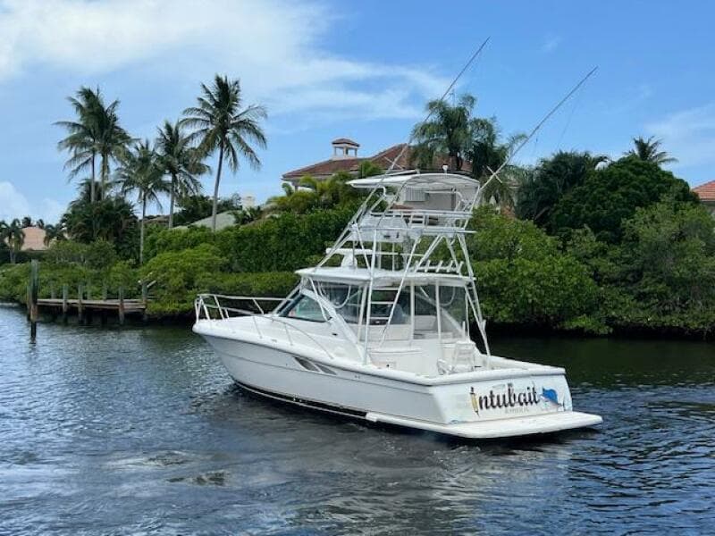 2003 Tiara Yachts 3800 Open cruising on a tropical waterway with palm trees.