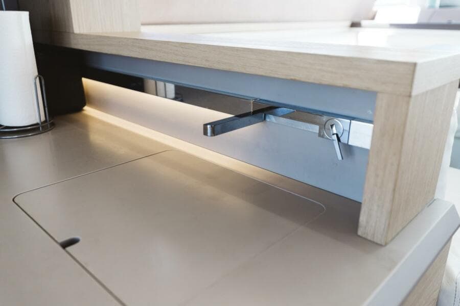 Beneteau Monte Carlo 5 yacht interior detail, 2015 model, featuring sleek modern cabinetry.