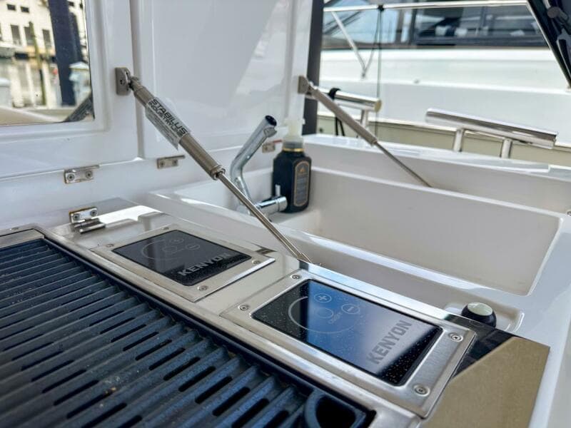 Outdoor kitchen on 2023 Azimut Verve 47 yacht with Kenyon grill.