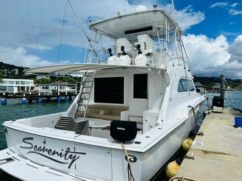 1988 Bertram 54' yacht "Serenity" docked at marina under blue sky.