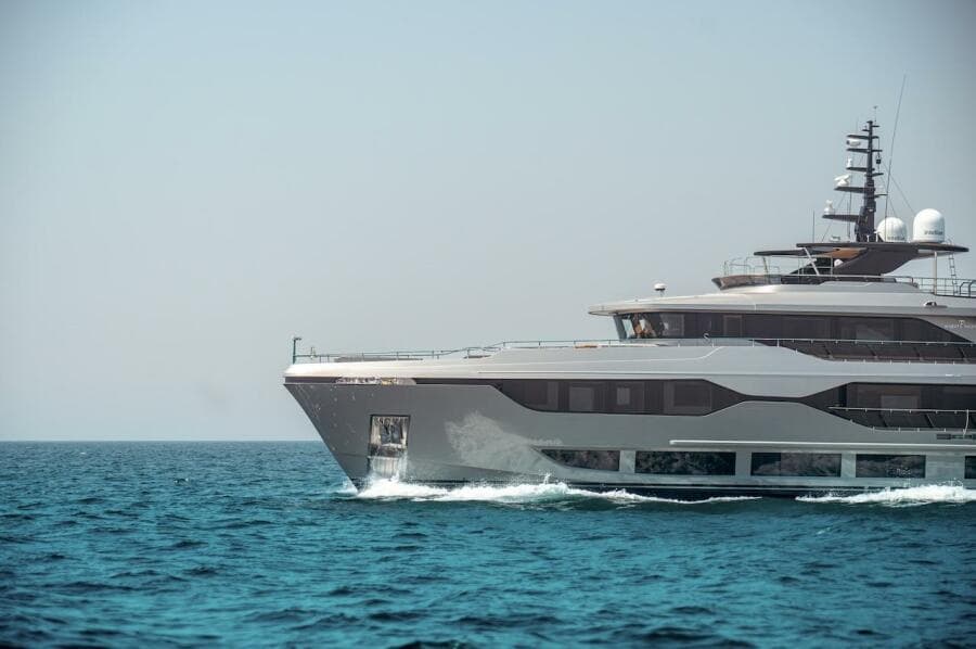 Luxury Majesty 120 yacht cruising on open sea, 2025 model.