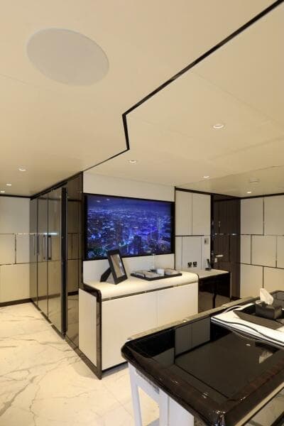 Luxurious interior of 2025 Majesty 120 yacht with modern design and elegant furnishings.