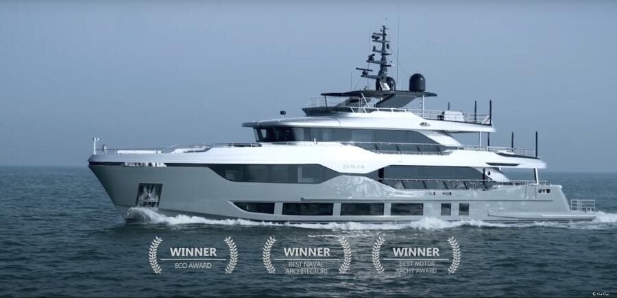 Majesty 120 yacht 2025 cruising, award-winning design, luxury vessel on open sea.