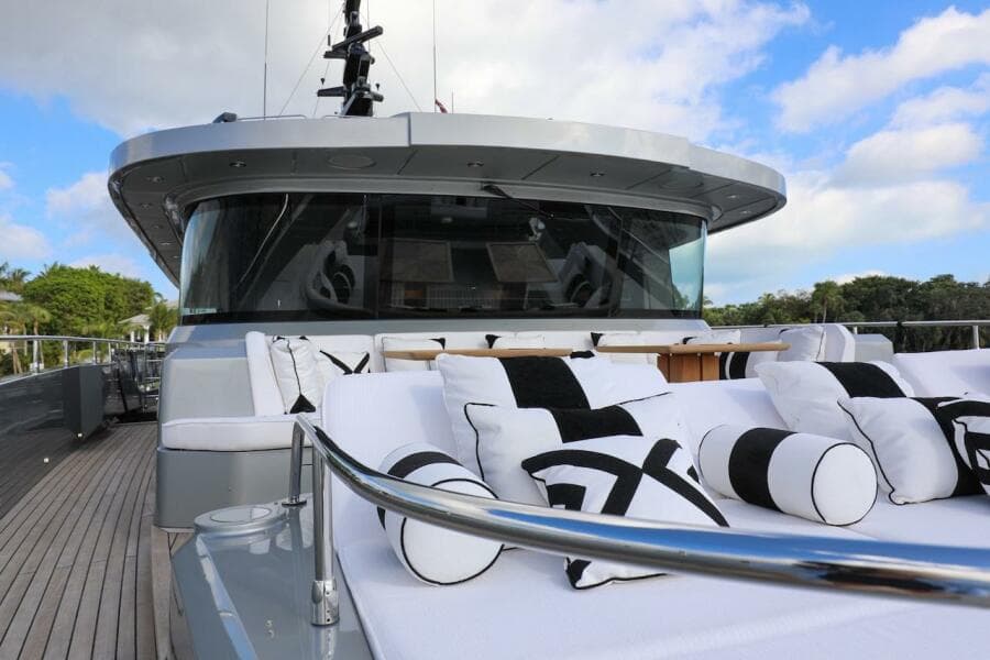 Luxurious 2025 Majesty 120 yacht with elegant deck seating and modern design.