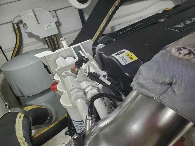 Engine compartment of a 2020 Galeon 500 Fly yacht showing detailed components.