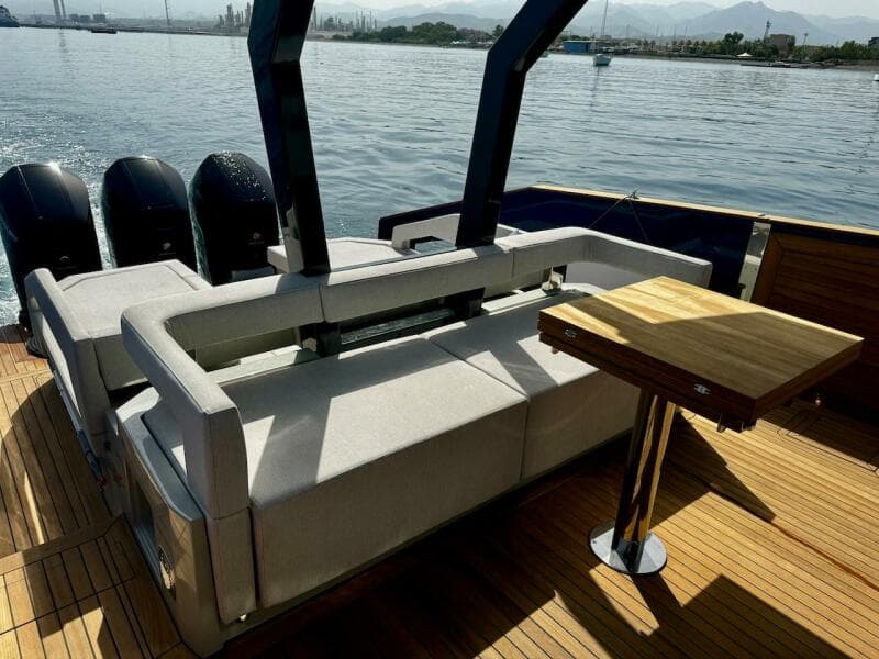 Aicon Audace 50 yacht deck with seating and table, 2025 model.