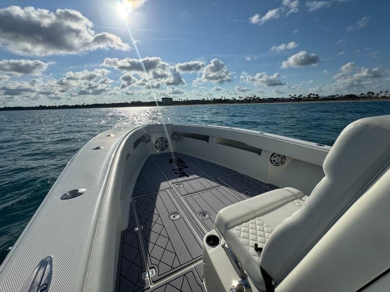 2017 SeaVee 340Z boat on water, sunny day, clear skies, and calm sea.