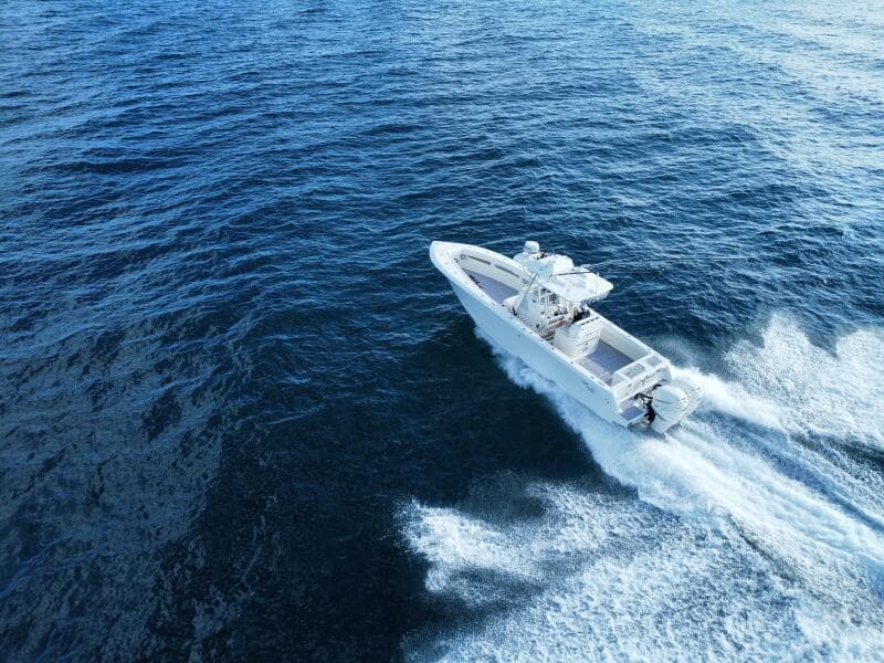 2017 SeaVee 340Z boat cruising on open ocean waters.