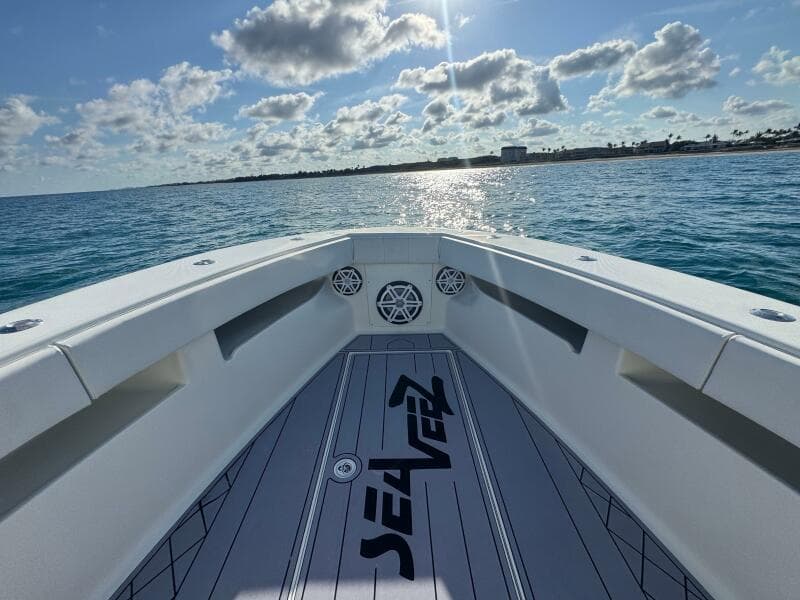 2017 SeaVee 340Z boat on ocean, sunny day, clear sky, calm waters.