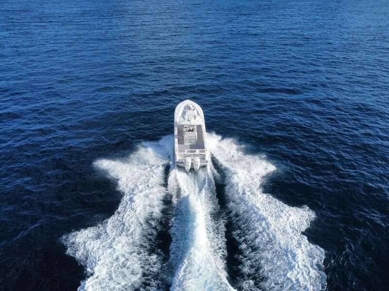 2017 SeaVee 340Z boat cruising on open blue ocean waters.
