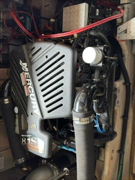 Engine compartment of a 2003 Sea Ray 380 Sundancer with Mercury components.