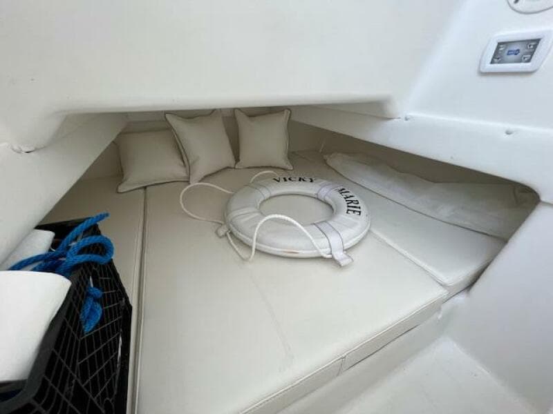 2020 SeaHunter 39 Tournament cabin interior with cushions and life preserver.