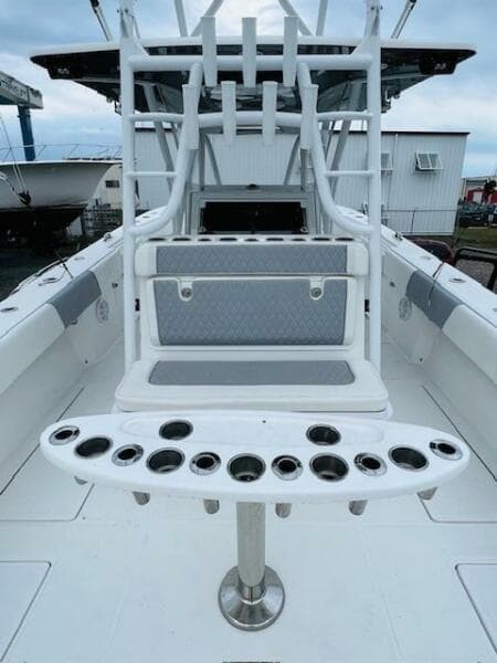 2020 SeaHunter 39 Tournament boat interior with rod holders and seating.