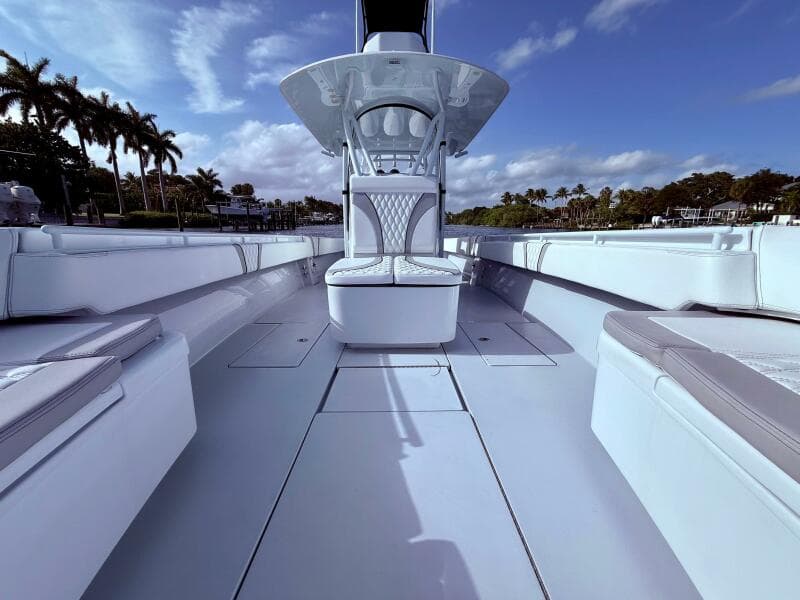 2024 Contender 39 ST boat interior with sleek seating and open deck design.