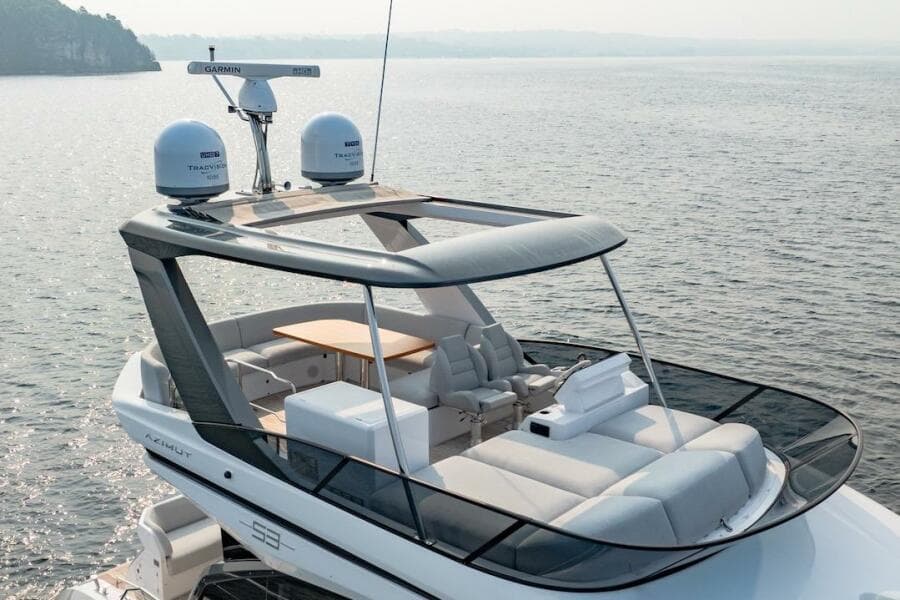 2023 Azimut Fly 53 yacht with sleek design and luxurious seating on open water.