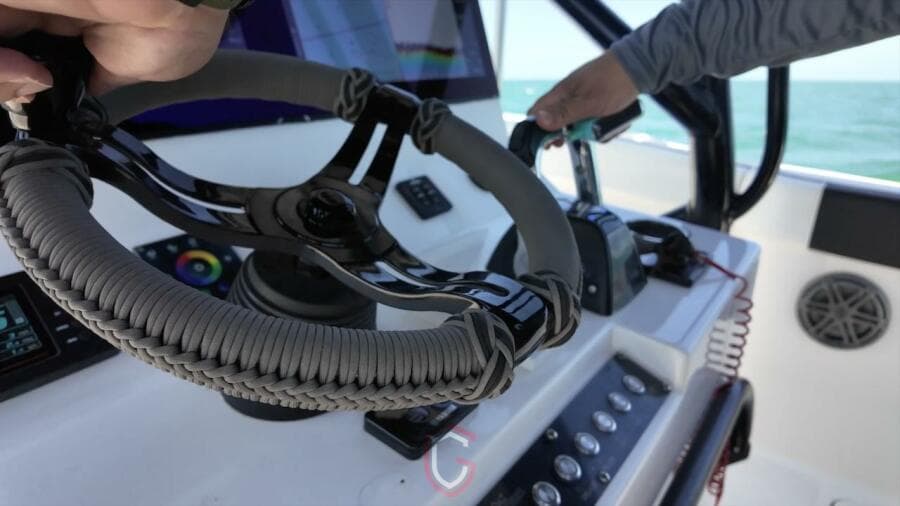 2023 CG Boat Works 35 M-Series helm with modern steering and controls.