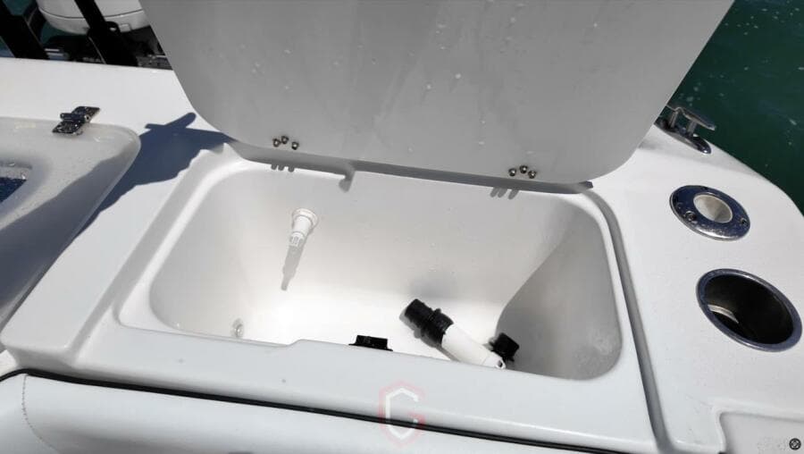 Open storage compartment on 2023 CG Boat Works 35 M-Series.