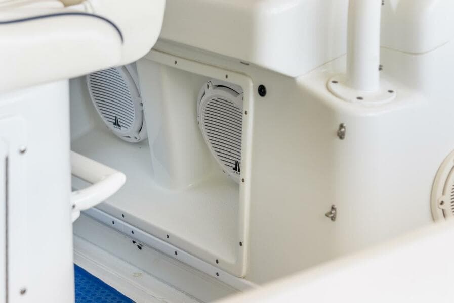 2015 Yellowfin 39 boat interior with built-in speakers and white seating.