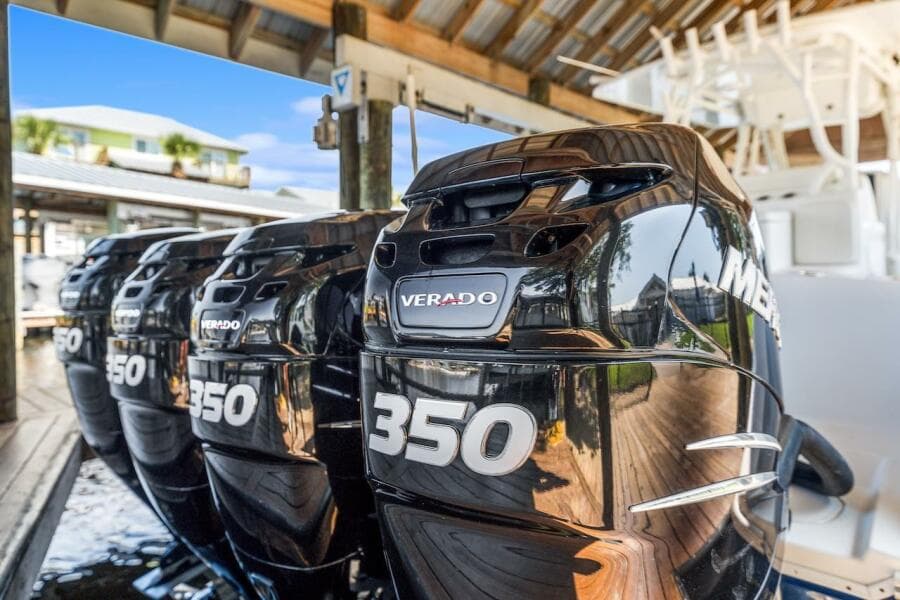 Four powerful Verado 350 outboard engines on a 2015 Yellowfin 39 boat.