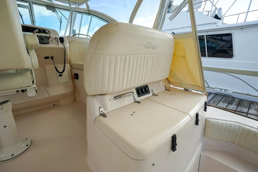 2007 Grady-White Express 360 boat interior with beige seating and helm station.