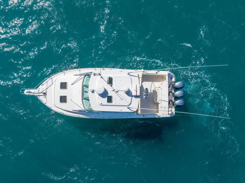 Aerial view of 2007 Grady-White Express 360 boat on turquoise water.