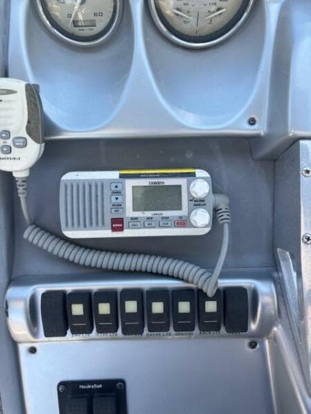 Control panel of a 2007 Monterey 350 Sport Yacht with radio and switches.