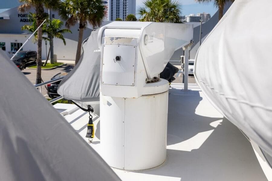Rooftop view of a 1996 ABD 90 Explorer yacht with covered equipment.