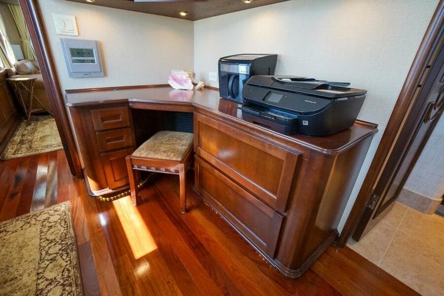 Interior of 1996 ABD 90 Explorer yacht with panoramic windows and luxurious seating.
