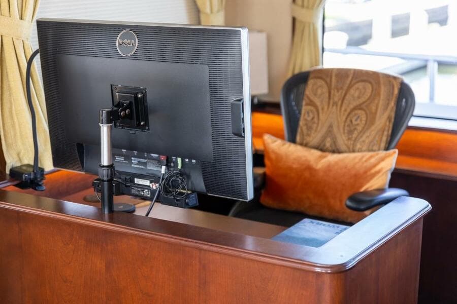 Pilot cabin of 1996 ABD 90 Explorer yacht with steering wheel and control panels.