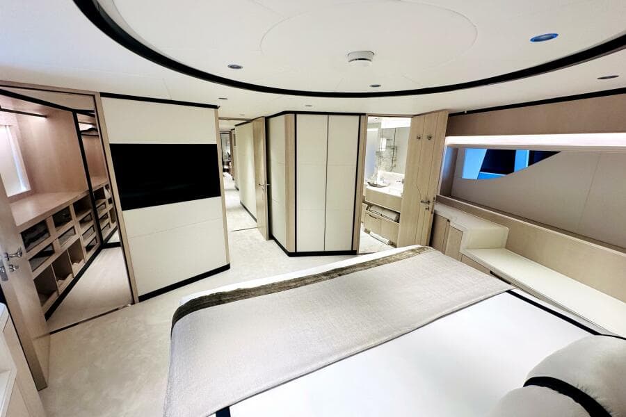 Luxurious interior of 2023 Majesty 120 yacht, featuring modern design and elegant furnishings.