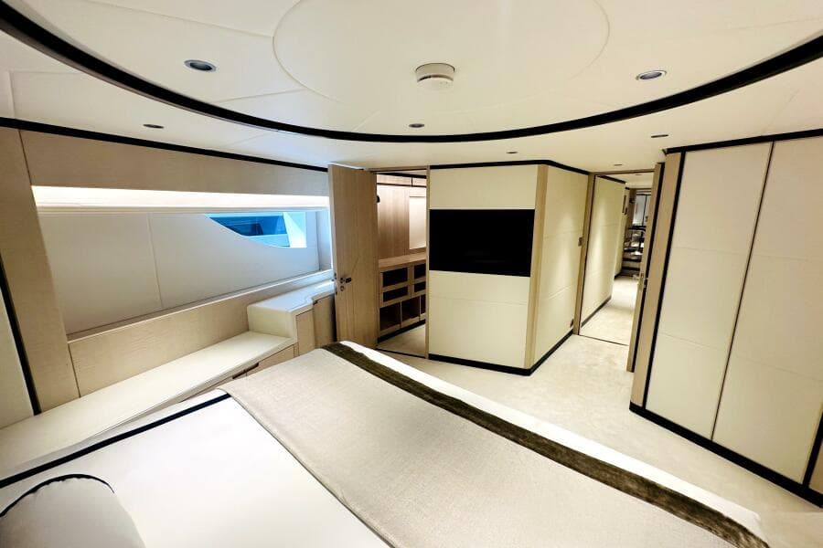 Luxurious interior of 2023 Majesty 120 yacht, featuring modern design and elegant furnishings.