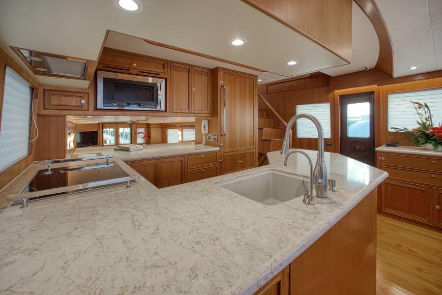 Galley Looking Aft, Induction Cooktop, Large Sink, Convection Microwave