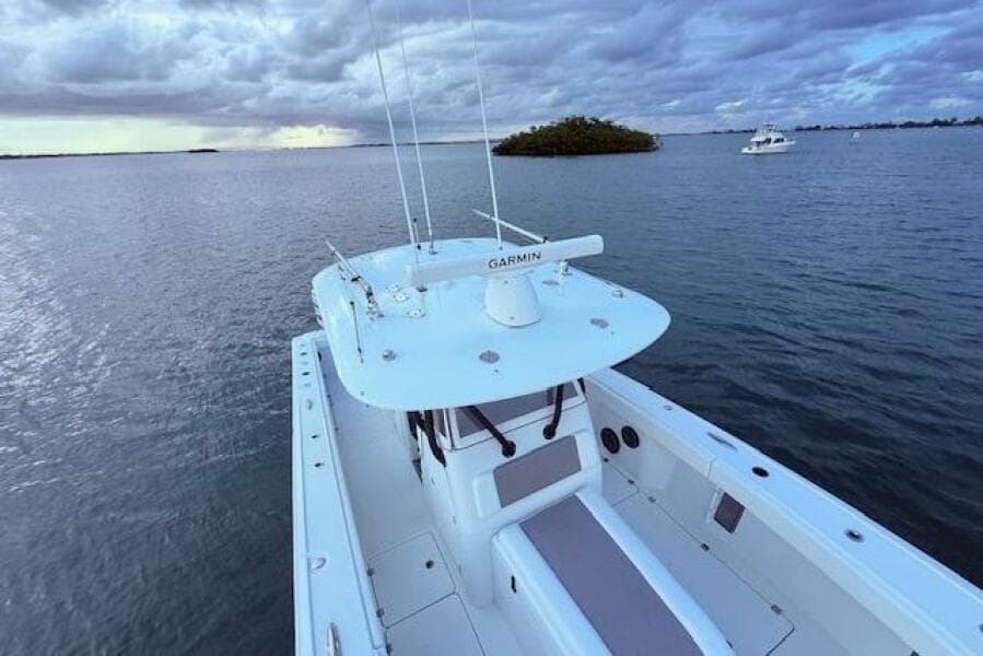 2019 Freeman 34 boat on calm water under cloudy sky.