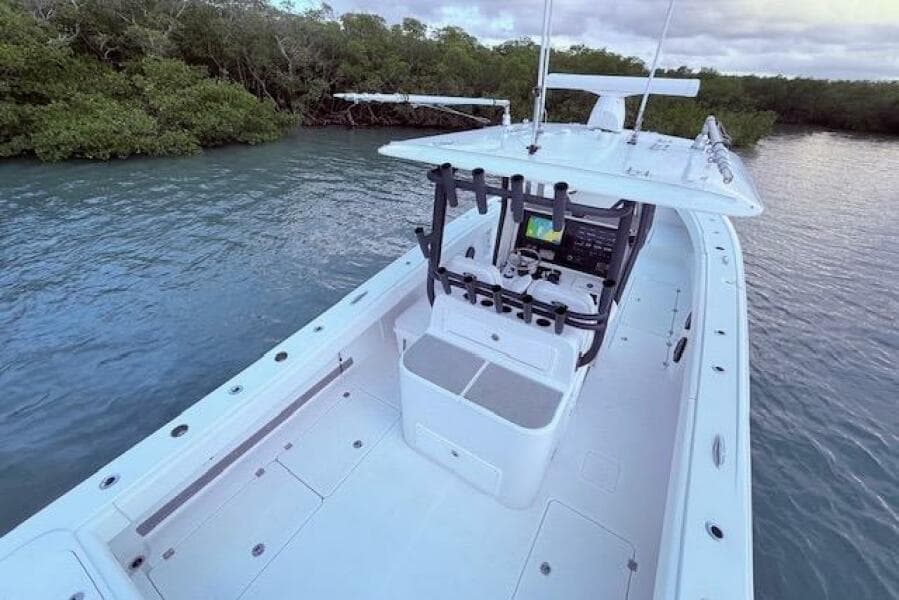 2019 Freeman 34 boat on calm water near mangroves, featuring a sleek design and modern console.