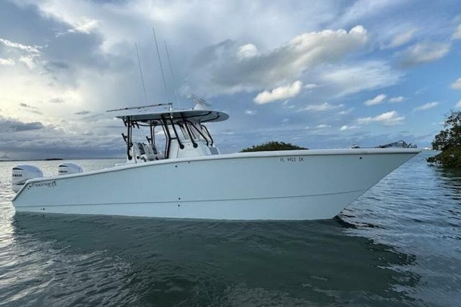 2019 Freeman 34 boat on calm water under cloudy sky.