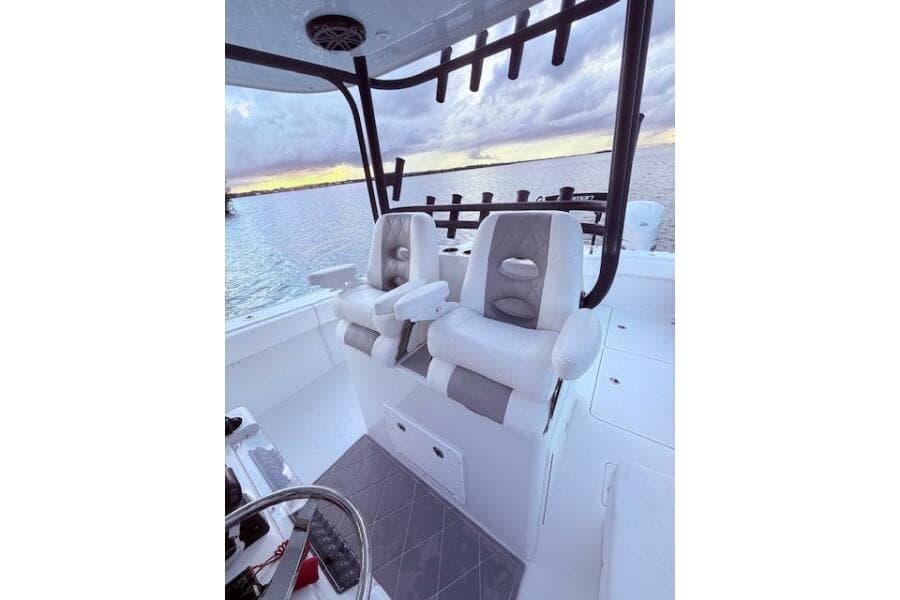 2019 Freeman 34 boat interior with luxury seating and ocean view.