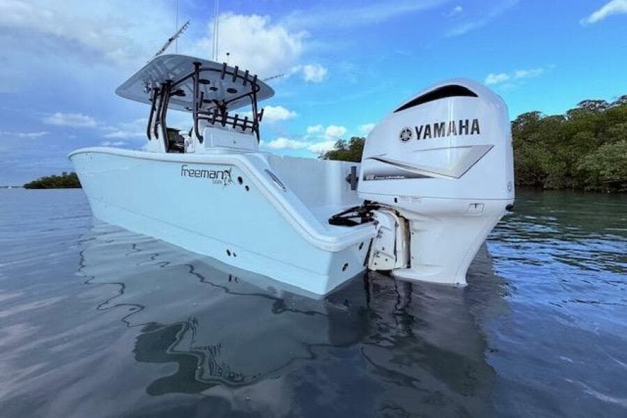 2019 Freeman 34 boat with Yamaha engine on calm water.
