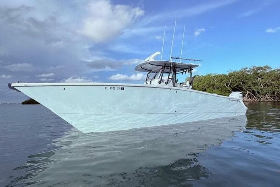 2019 Freeman 34 boat on calm water, clear sky, and lush greenery in the background.