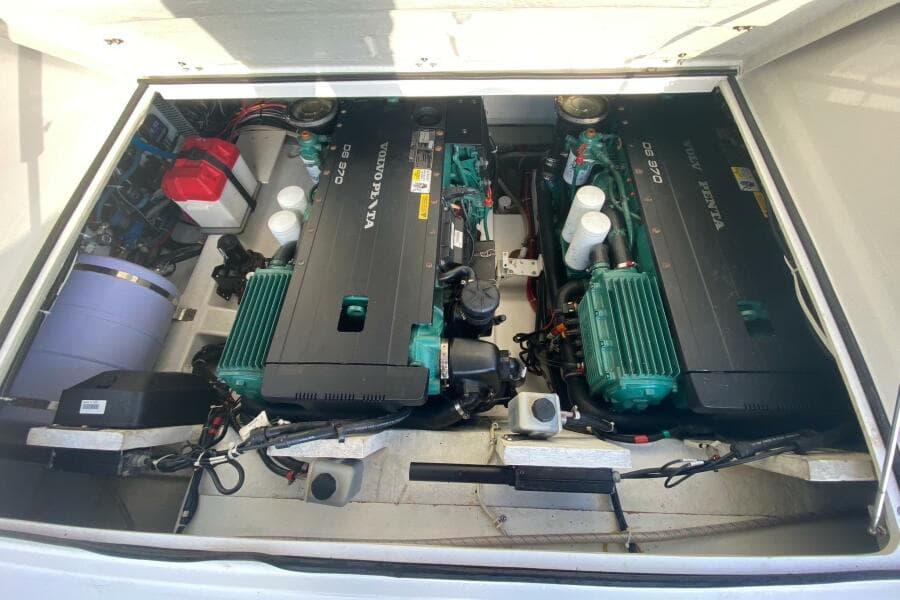Engine compartment of 2014 Beneteau Gran Turismo 44 with Volvo Penta engines.