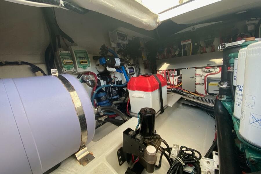 Engine room of 2014 Beneteau Gran Turismo 44 with various mechanical components.