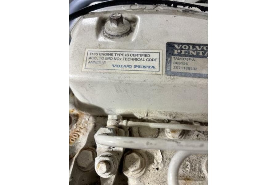 Close-up of Volvo Penta engine label on 2004 Carver 466 Motor Yacht.