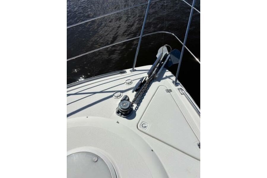 Bow of 2004 Carver 466 Motor Yacht with anchor and winch system.